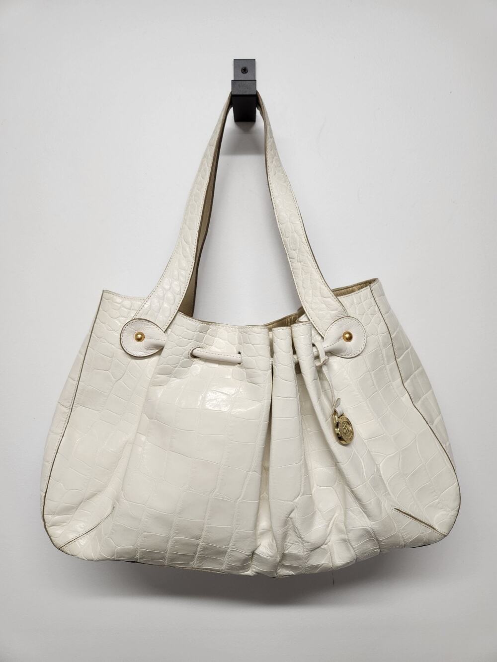 Brahmin Elizabeth Grotto Croc Embossed Leather Drawstring Hobo Tote, Ivory White